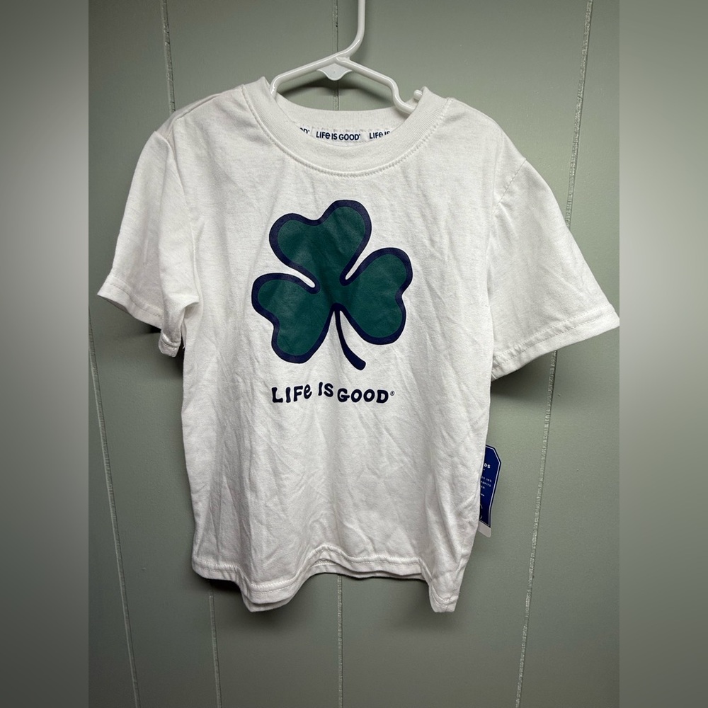 NWT Life Is Good Kids White Tee with Green Shamrock
